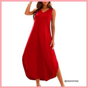 Summer Casual Loose Sundress Sleeveless V Neck Split Maxi Dress